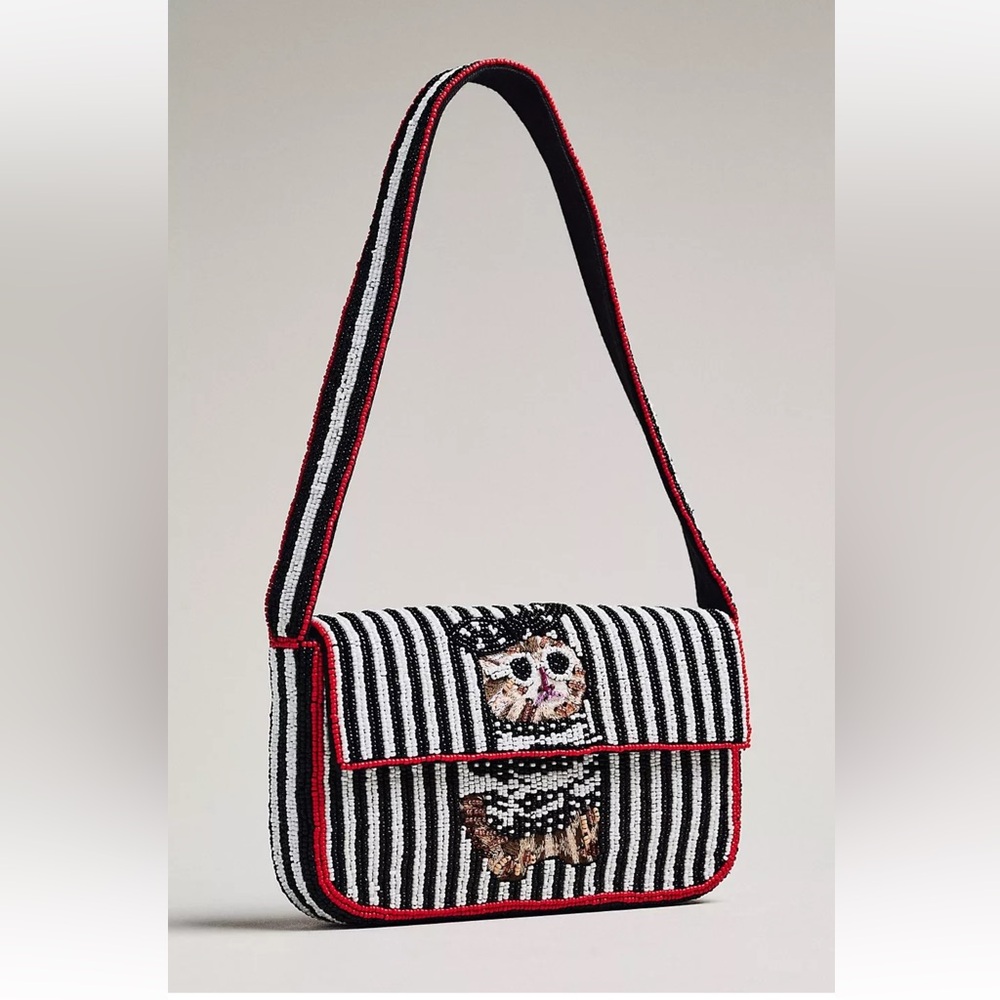 Anthropologie The Fiona Beaded Bag Animal Edition Sassy Cat NWOT